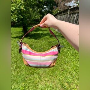 Authentic Coach Hampton Stripe Canvas leather trim shoulder bag A063 - 1884